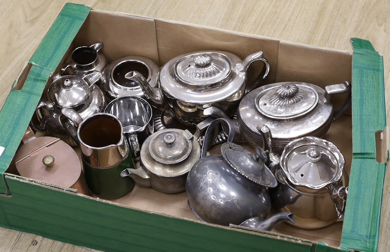 A quantity of various tea pots including Burslem, copper and plated